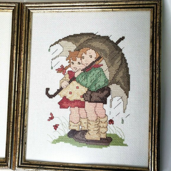 Cross Stitch Pictures Rainy Day Umbrella Children Framed 9x11" - Picture 5 of 6